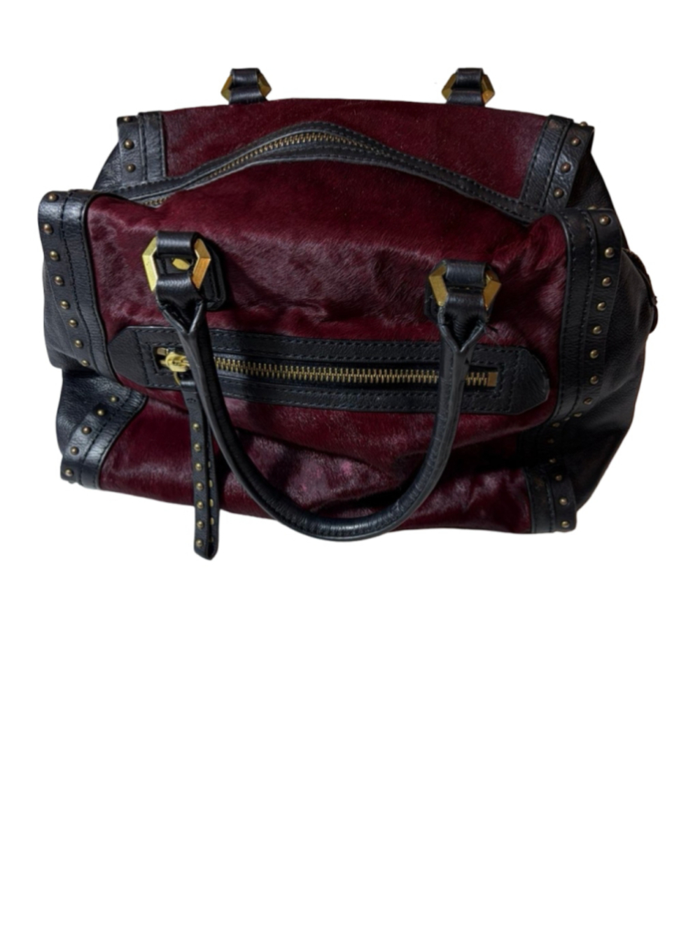 Oryany Burgundy Haircalf Black Leather Studded Satchel Handbag Boho Moto flaw